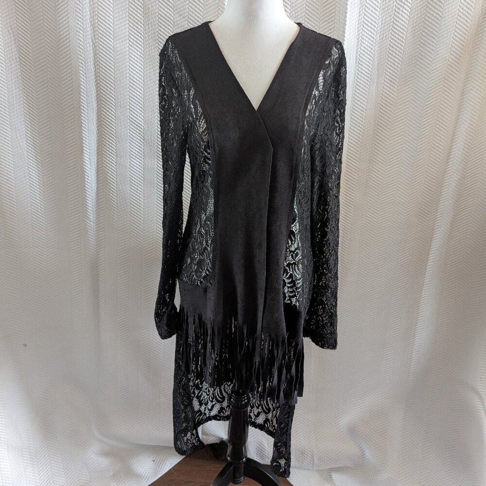 Simon Chang Black Lace Duster Faux Suede Trim Fringe Kimono Size 10 Whimsigoth